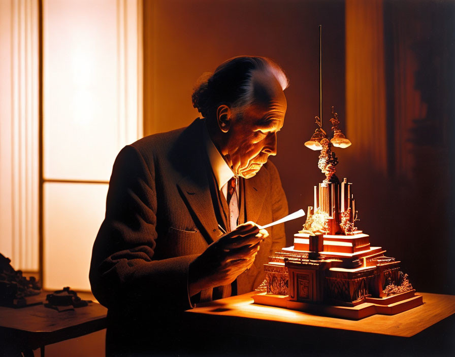 Elderly person painting small, ornate object under warm lamp glow