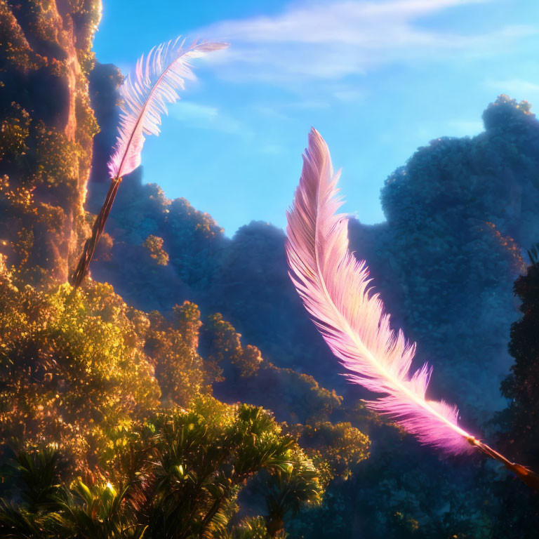 Glowing pink feathers in lush forest landscape