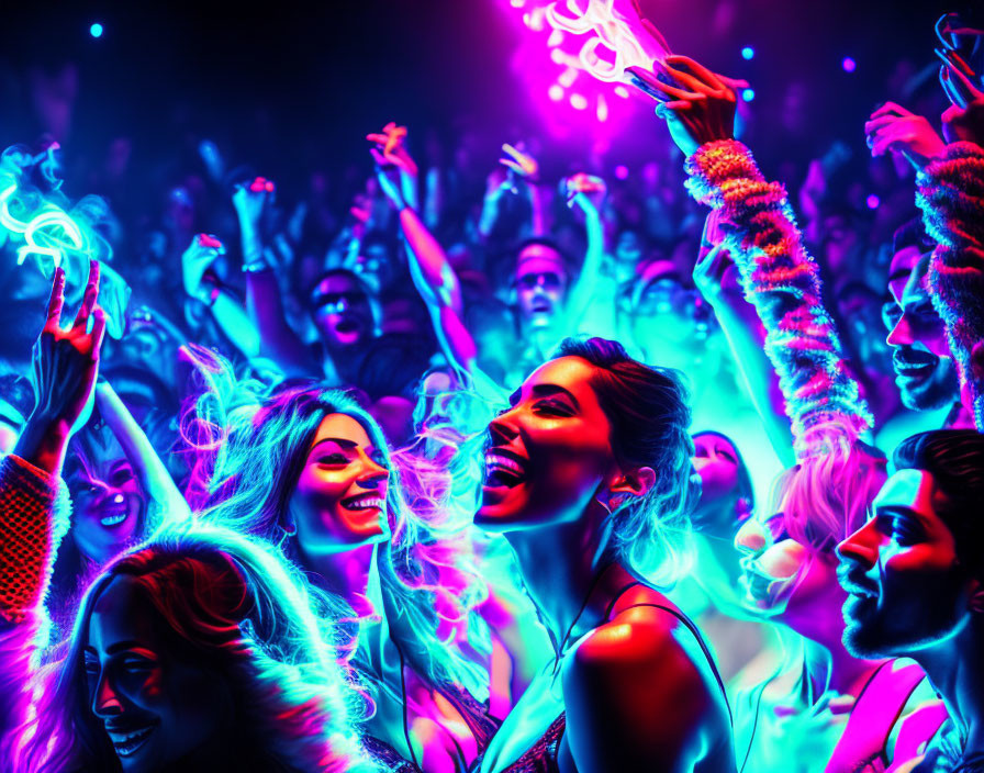 Colorful party scene with dancing people under neon lights