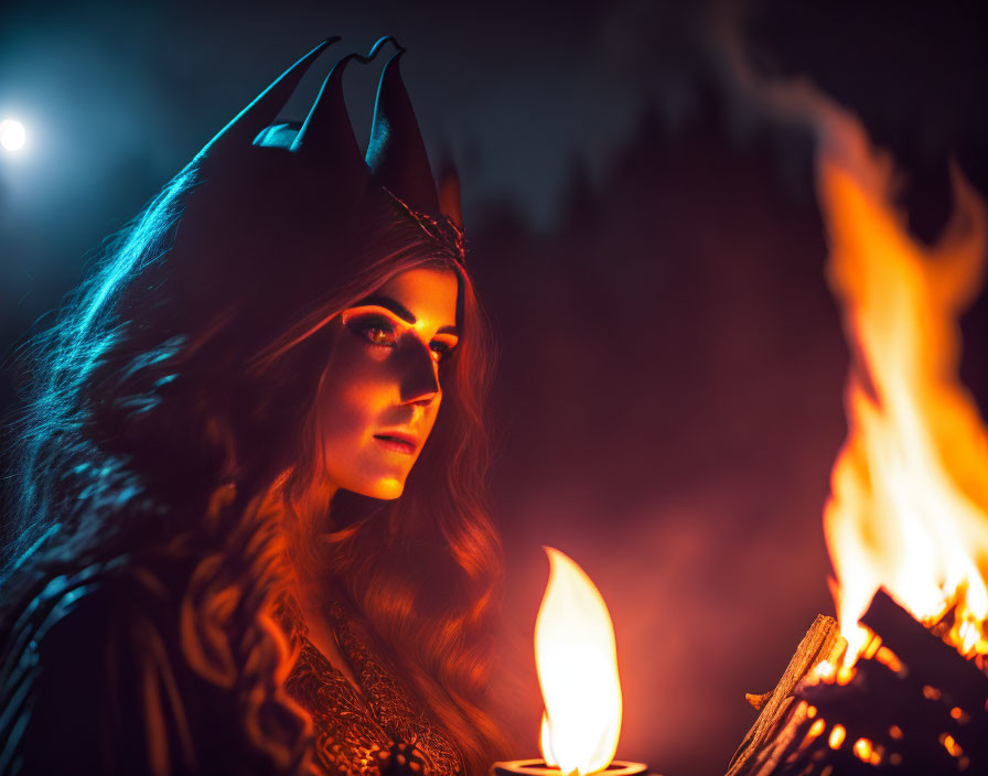 Woman with Horned Crown Contemplating Fire at Night