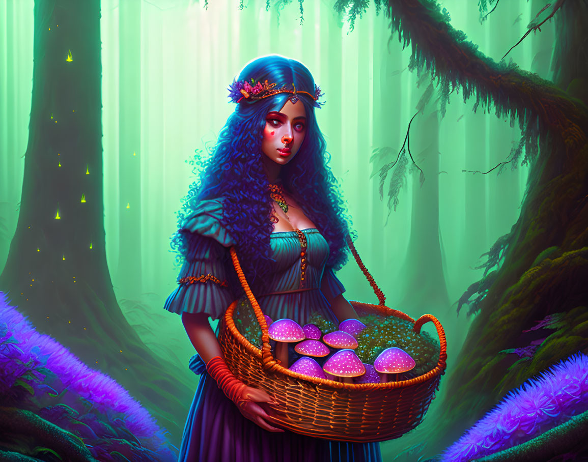 Mystical woman in forest with glowing mushrooms and vibrant flora