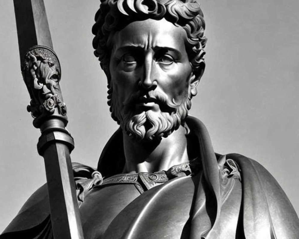 Detailed Monochrome Statue of Bearded Man in Classical Armor