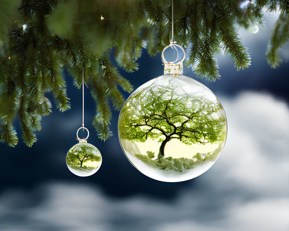 Transparent Christmas Ornaments on Pine Branches in Night Sky