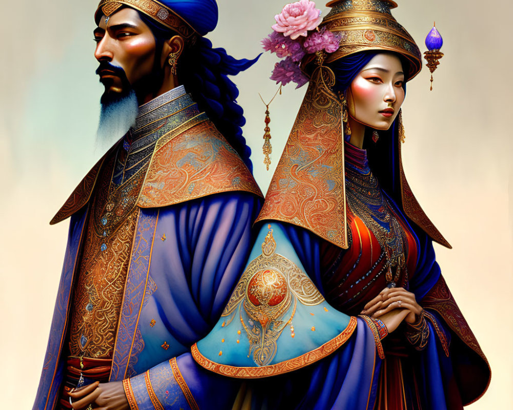 Traditional regal attire of noble couple in blue and red colors