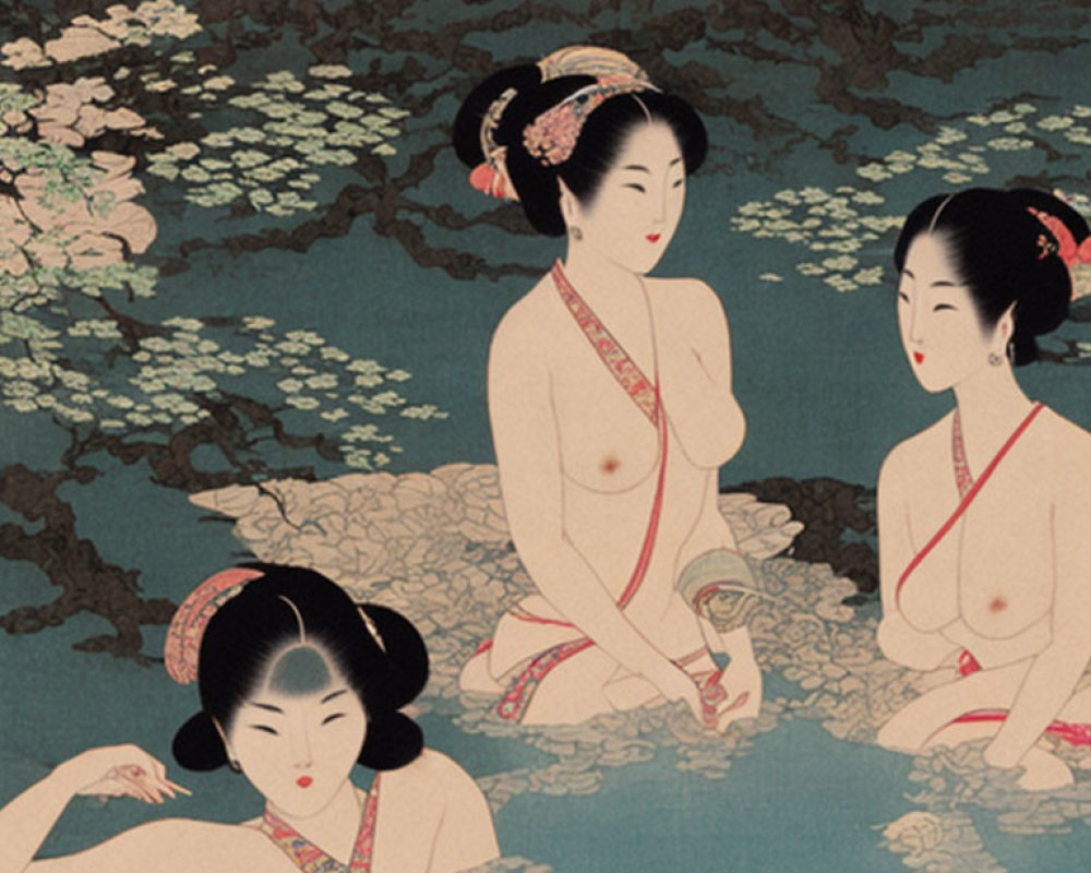 Japanese Ukiyo-e Art: Women bathing in river under cherry trees