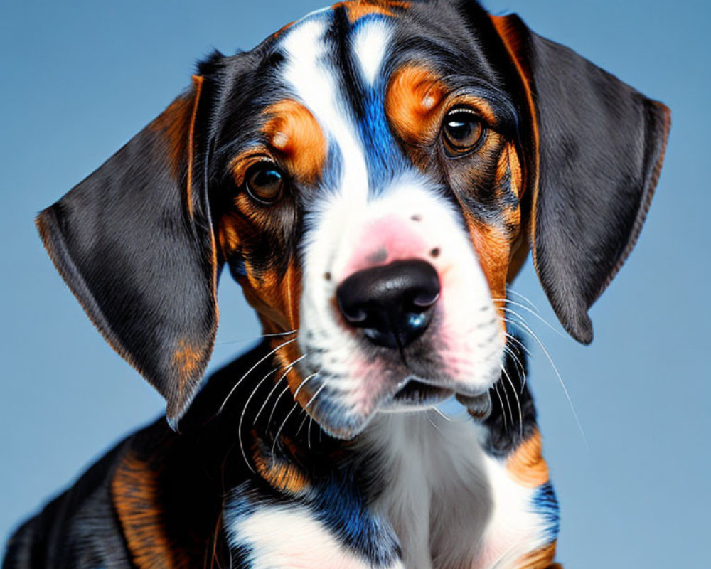 Tricolor Dog with Floppy Ears and Soulful Eyes on Blue Background