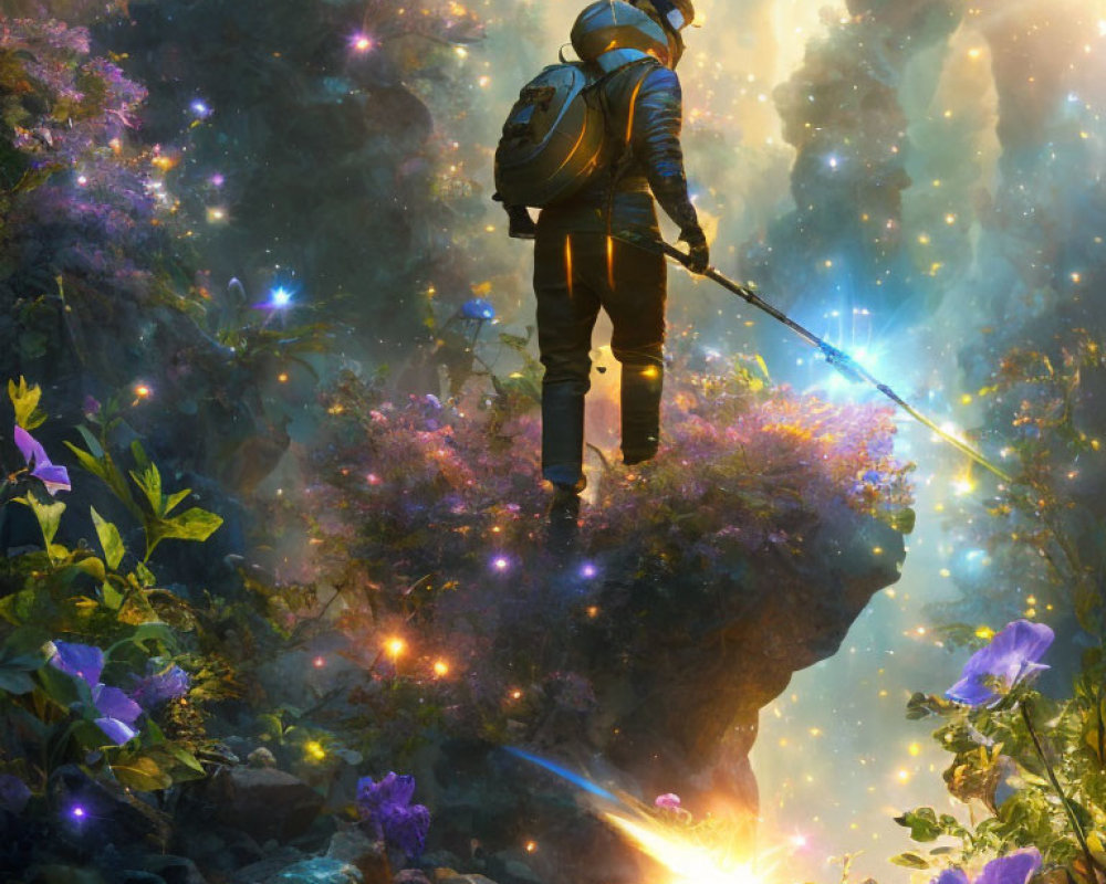 Adventurer in spacesuit on floating rock amid glowing plants and cosmic light