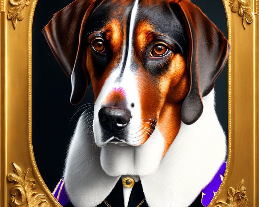 Regal dog in ornate golden frame with purple collar