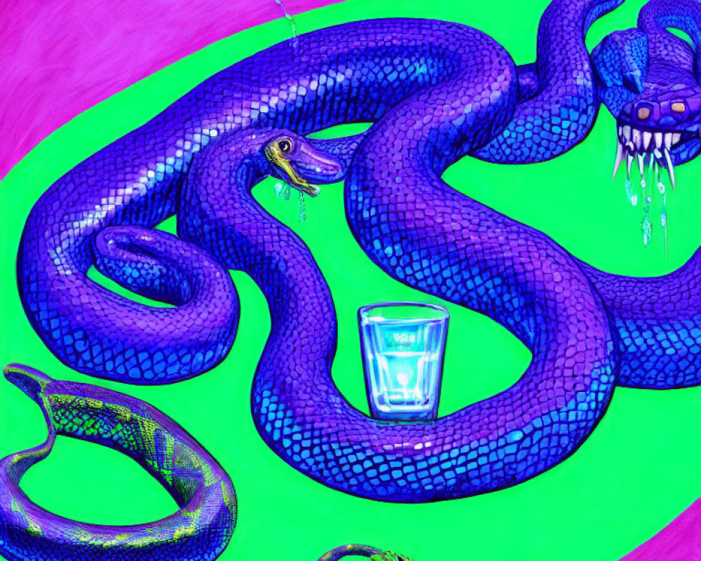 Colorful Illustration: Purple Snake with Blue Accents on Pink and Green Background