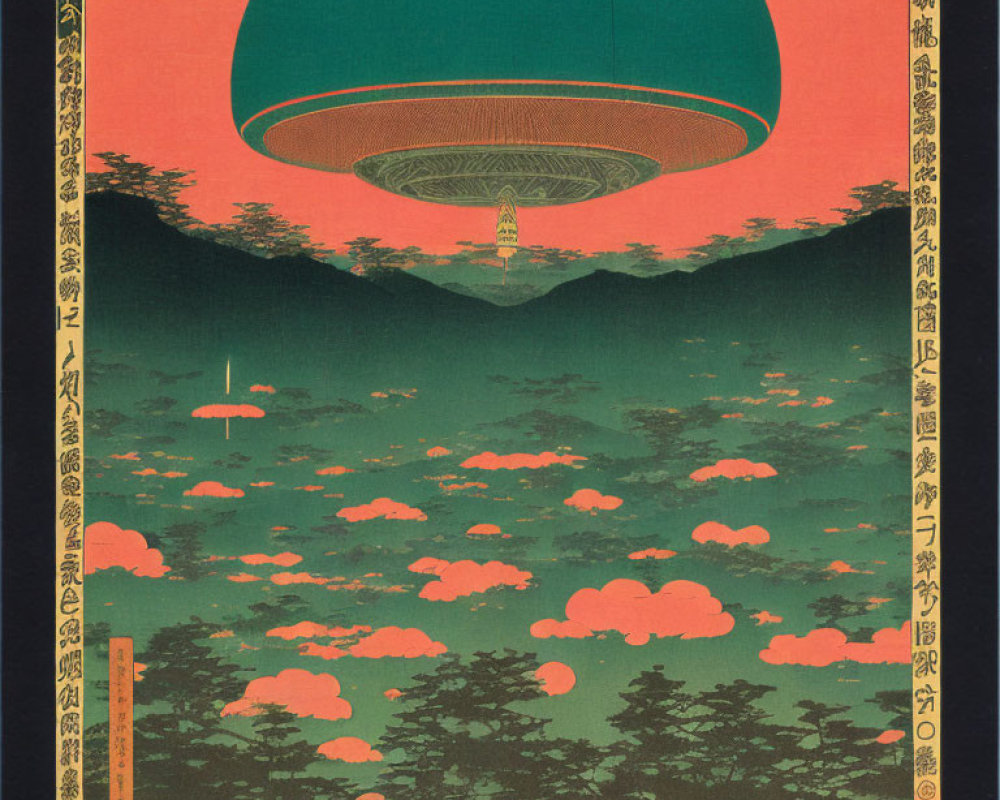 Japanese Woodblock-Style Print of UFO Over Cloudy Landscape