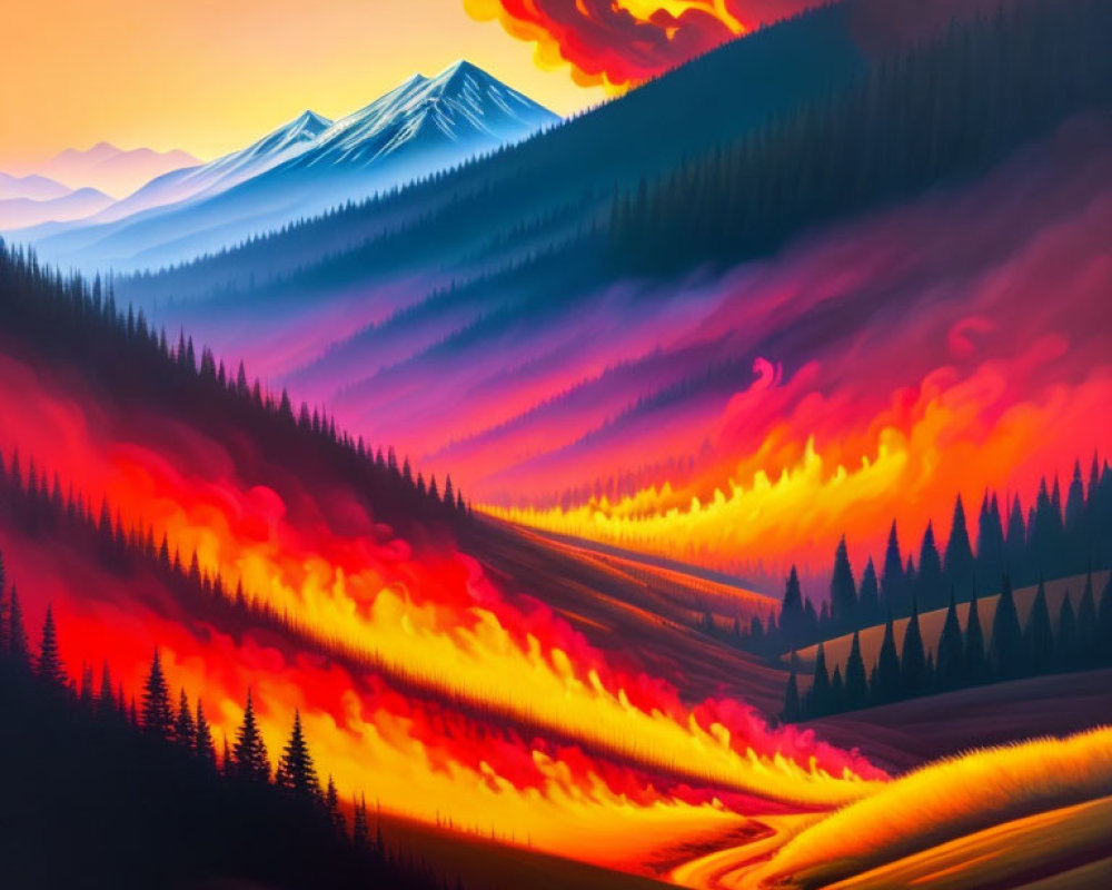 Stylized painting of fiery landscape with river, pine trees, and mountains