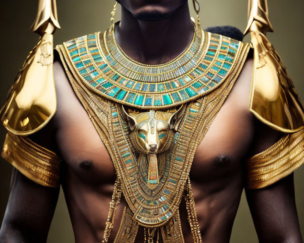 Shirtless person in golden Egyptian armor on muted background