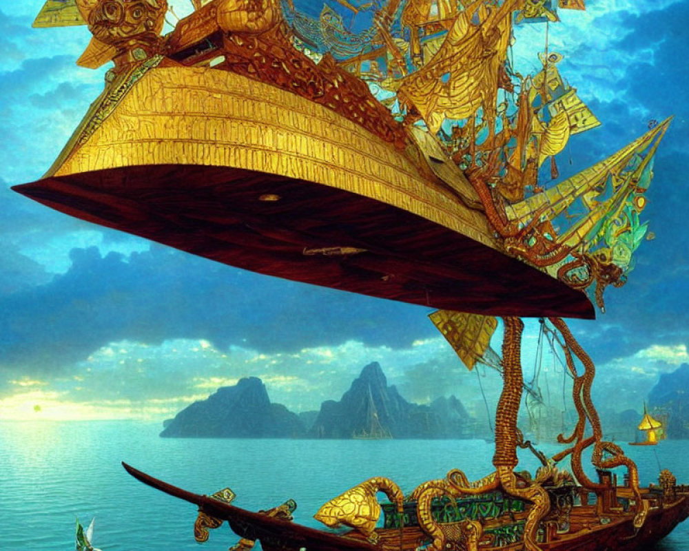 Golden ornate airship above calm sea with boats and islands under twilight sky