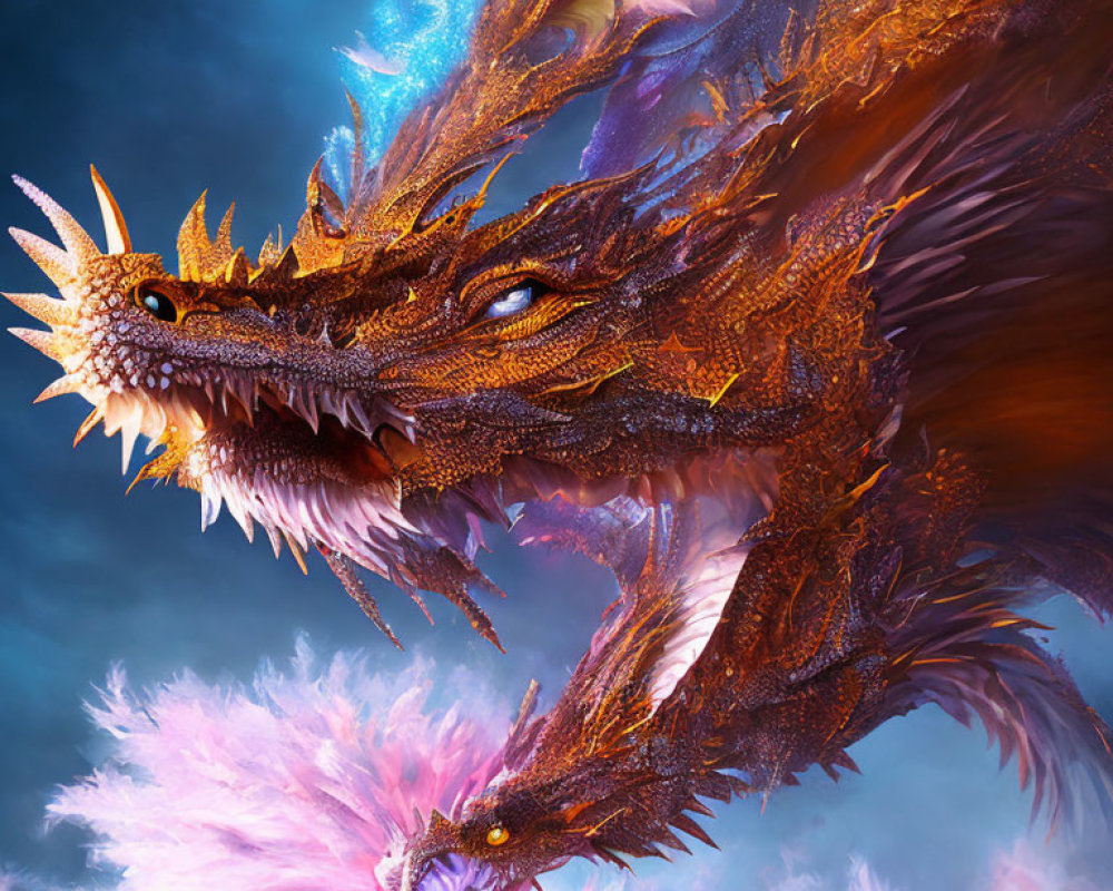 Digital artwork featuring two dragons with orange and pink scales against a blue sky