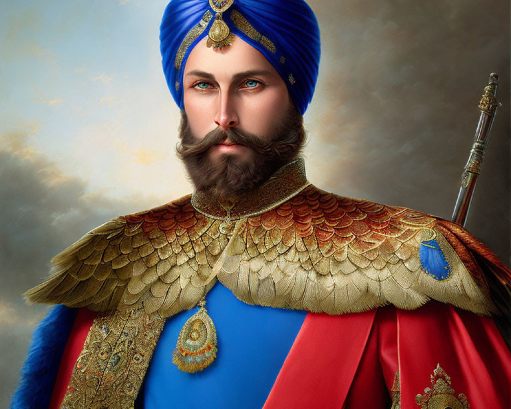 Portrait of a man with styled beard, blue turban, jewel, scaled shoulder piece, and red