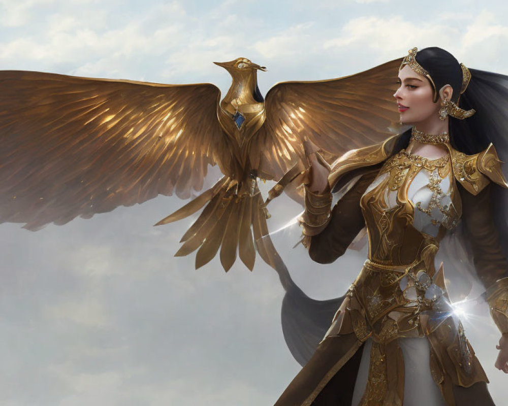 Majestic woman with large wings and golden armor standing confidently