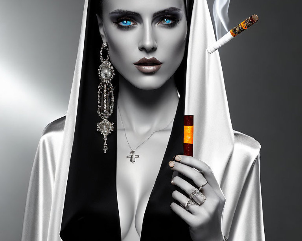 Woman with blue eyes and dark lipstick in nun's habit with jewelry holding a cigarette