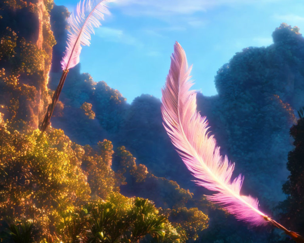 Glowing pink feathers in lush forest landscape