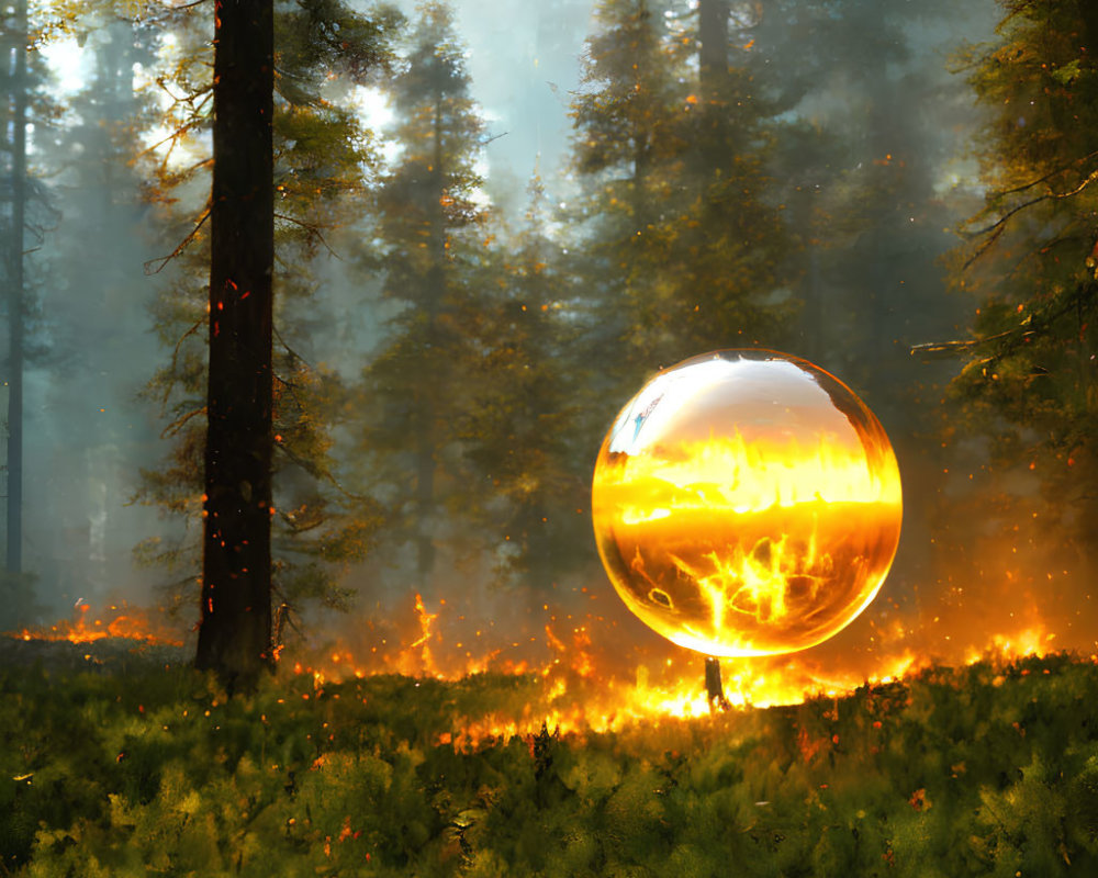 Glowing Orange Sphere Above Forest Floor Amidst Rising Smoke