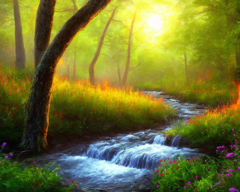 Tranquil forest landscape with stream, wildflowers, and sunrise glow