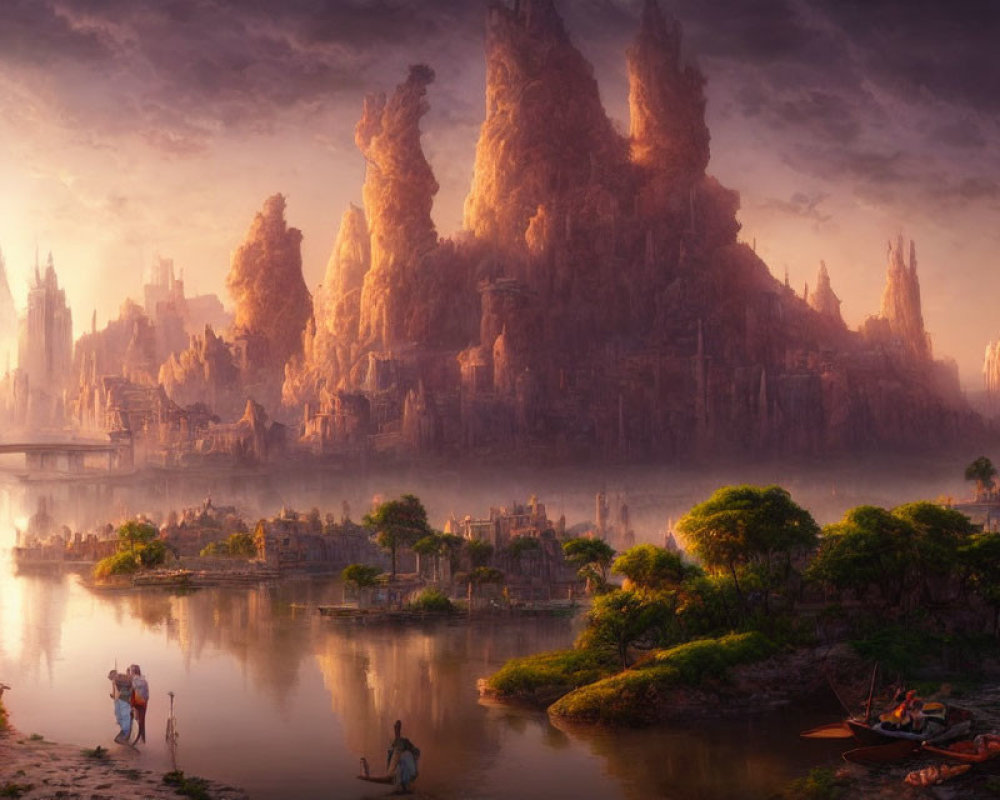 Majestic fantasy landscape with spires, river, bridges, boats, and people in golden light