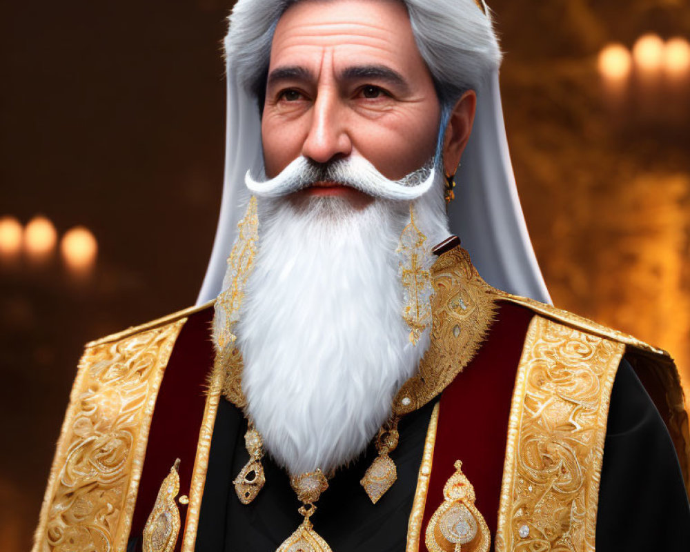 Elder man in regal gold-embroidered robes with a white beard and mustache