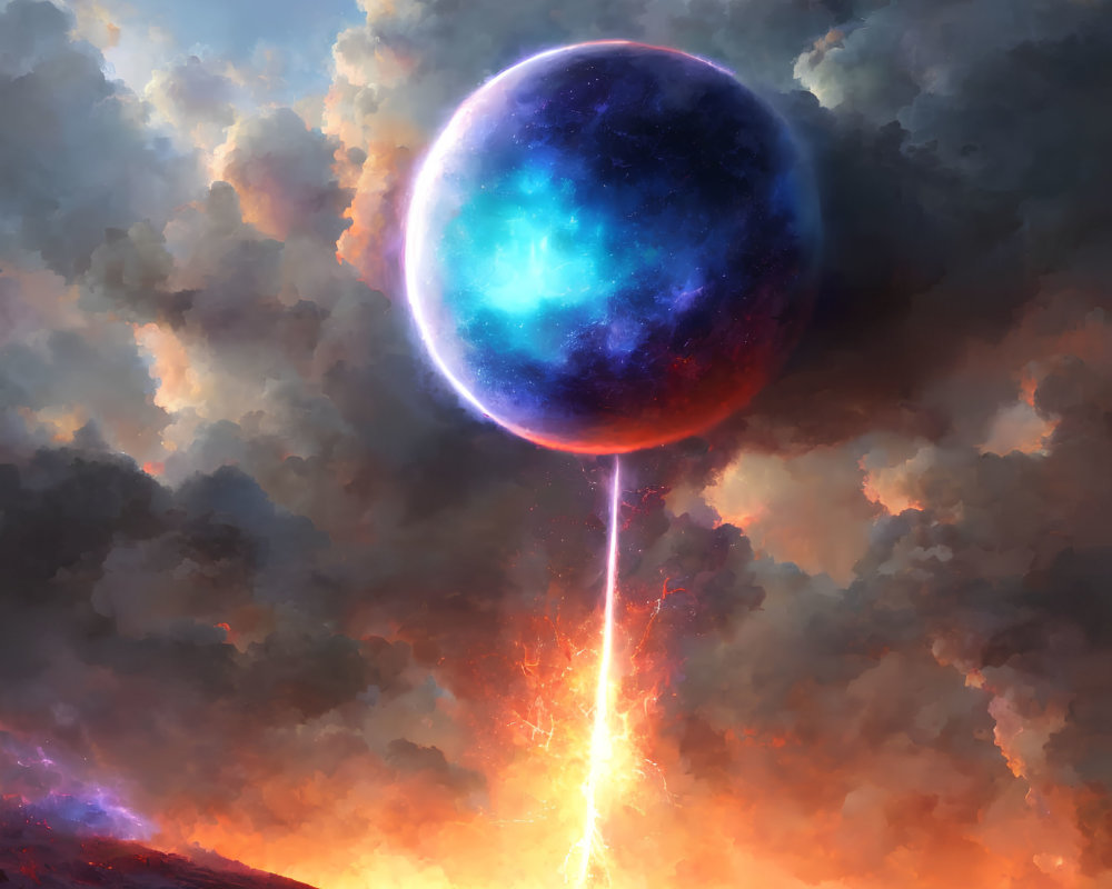 Digital artwork of celestial orb above volcanic landscape