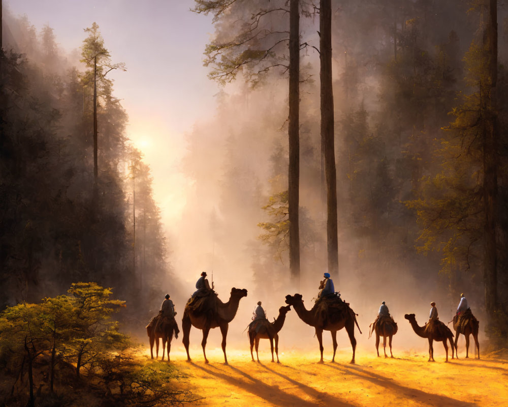 Forest sunrise with camel caravan and figures in misty light