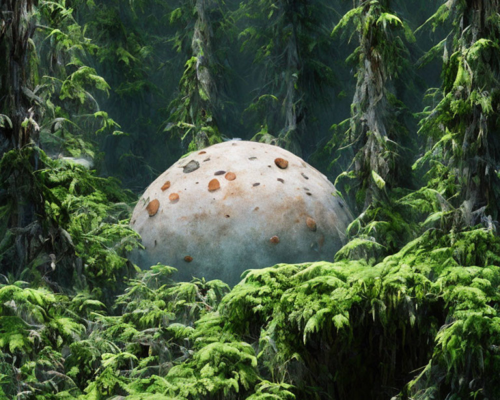 Enchanting forest scene with giant mushroom-shaped rock and mossy trees