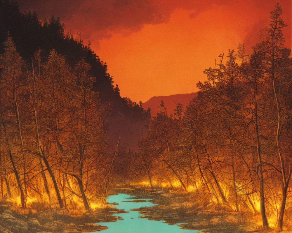 Tranquil forest scene at dusk with glowing river