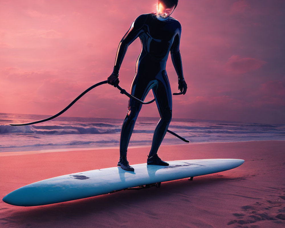 Person in black wetsuit on surfboard at beach under purple and orange sunset sky