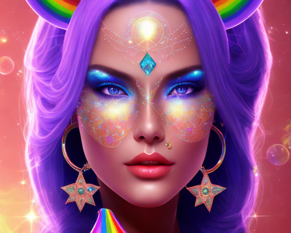 Vibrant rainbow makeup and accessories on mystical woman