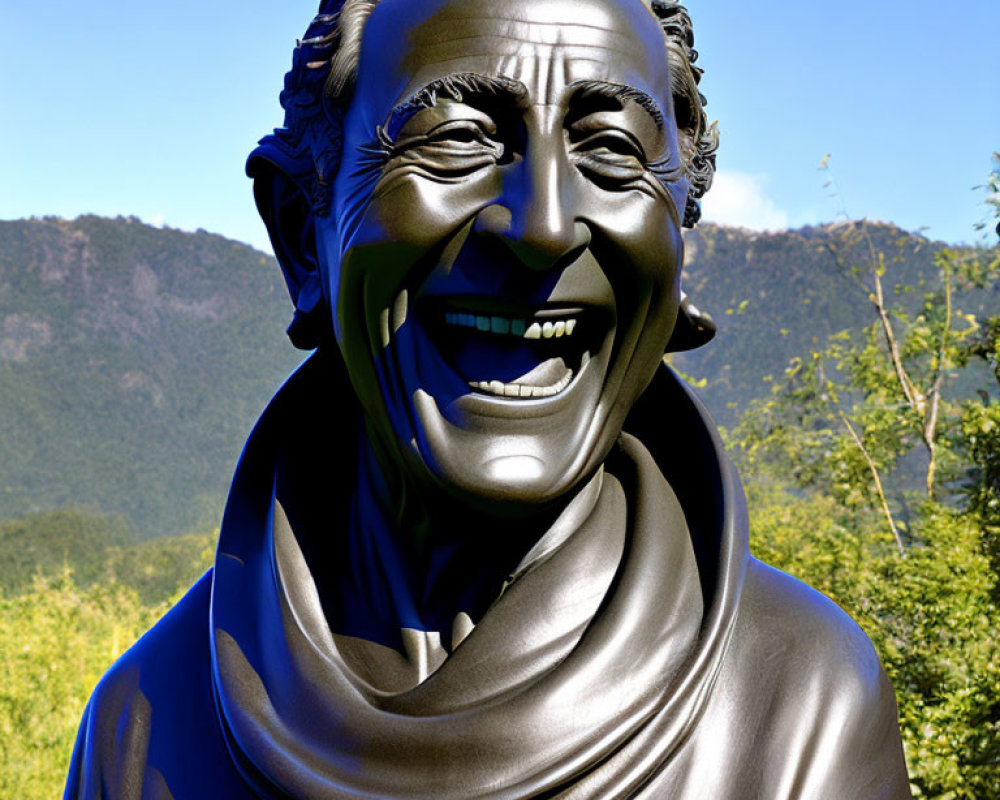 Smiling man bronze statue with textured hair and cloth, against blue skies and greenery