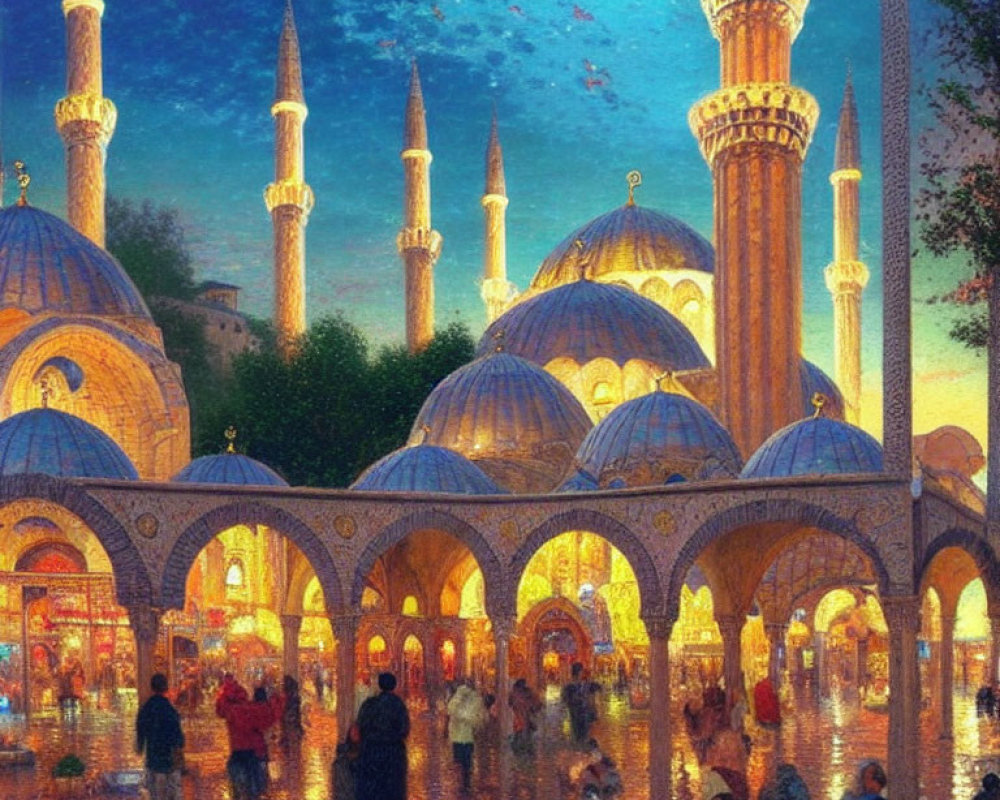 Colorful painting of outdoor market at dusk with archways, domes, and glowing light.