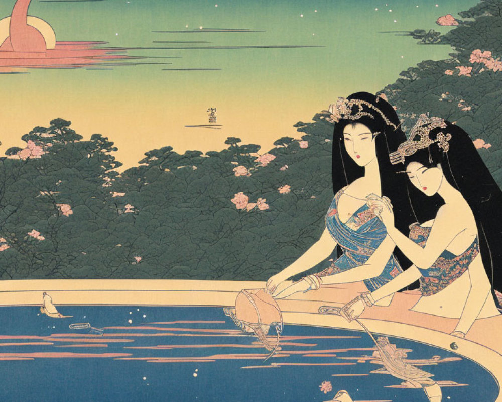 Traditional Japanese women by pond with koi fish under starry sky and crescent moon with cherry bloss