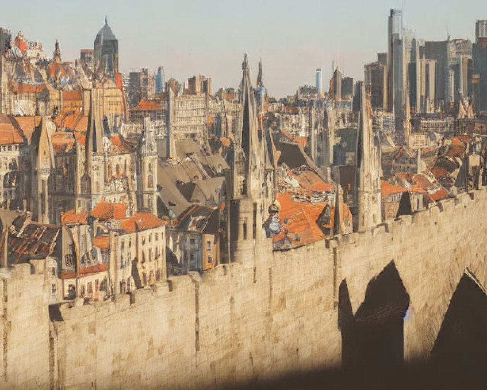 Medieval Buildings and Modern Skyscrapers in Cityscape