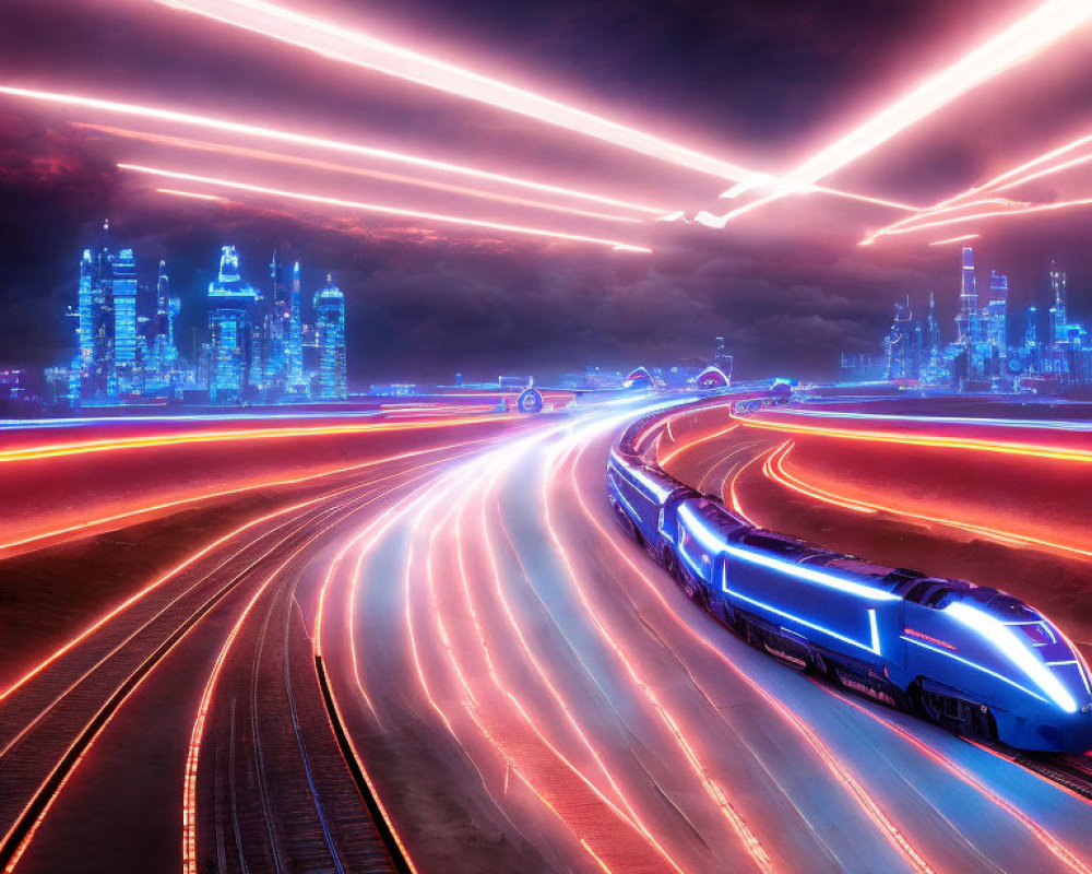 Vibrant neon-lit futuristic cityscape at night with high-speed train streaks