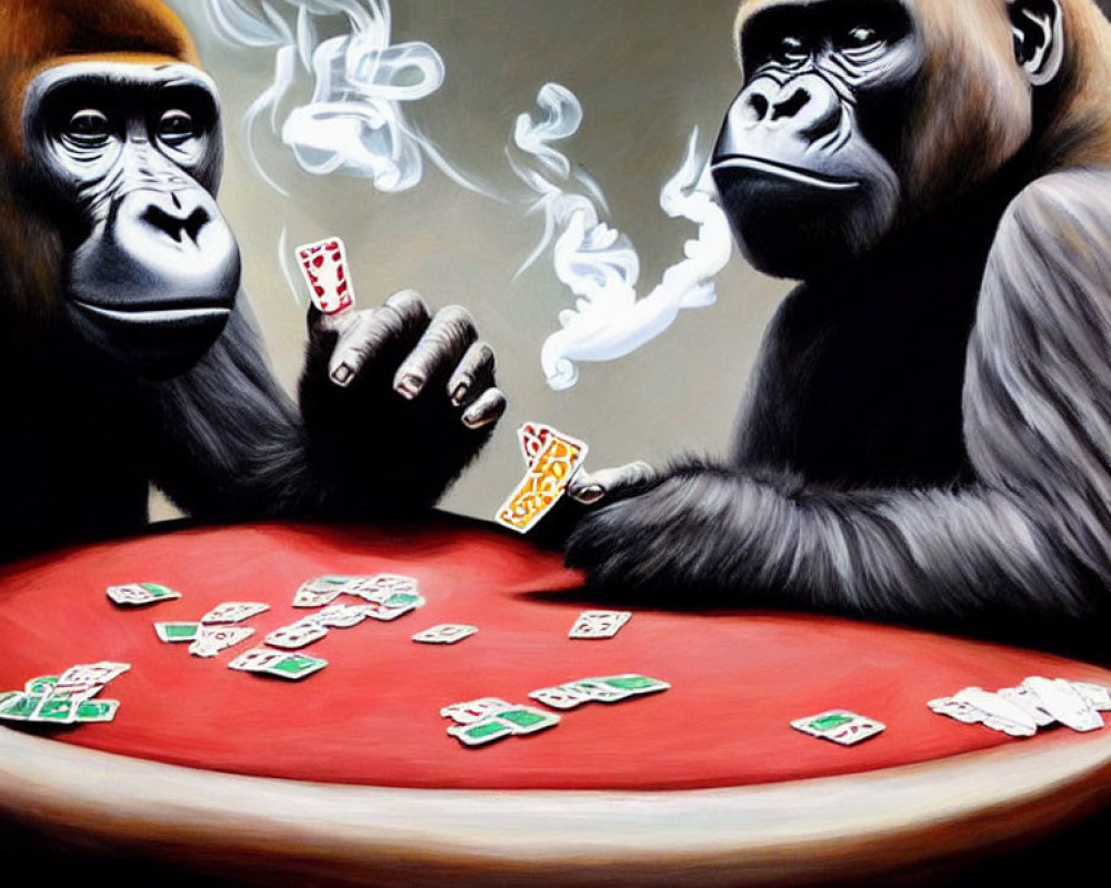 Gorillas playing cards at table with cigar smoke