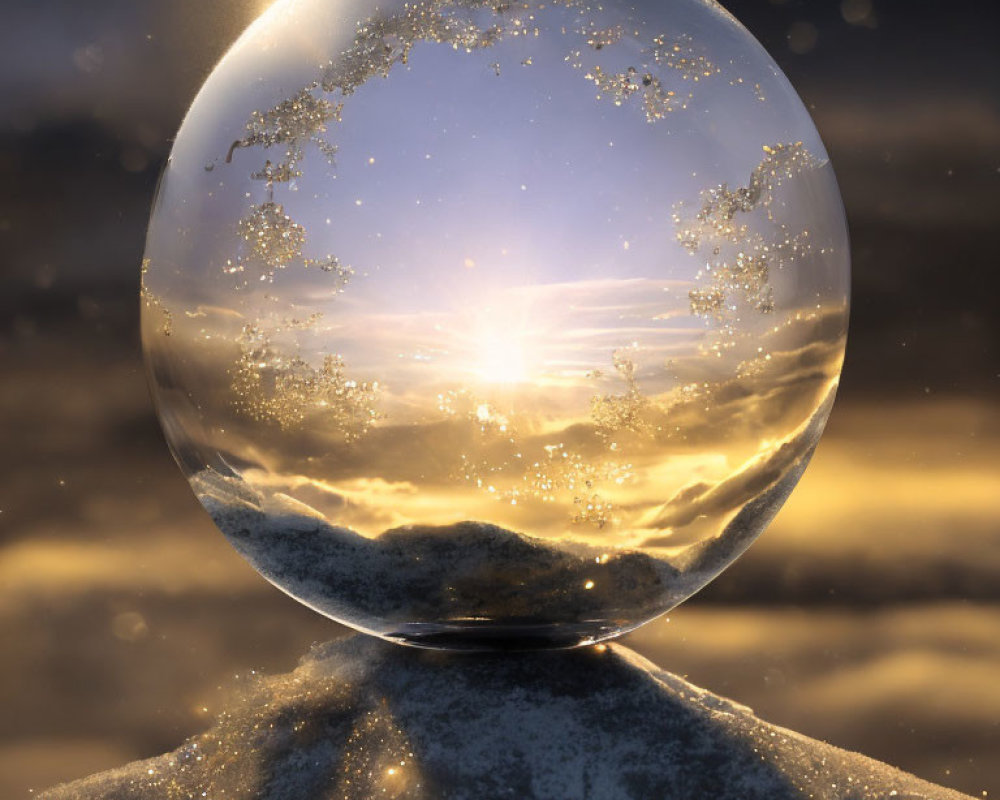 Serene sunset reflected in crystal ball amidst snowy landscape