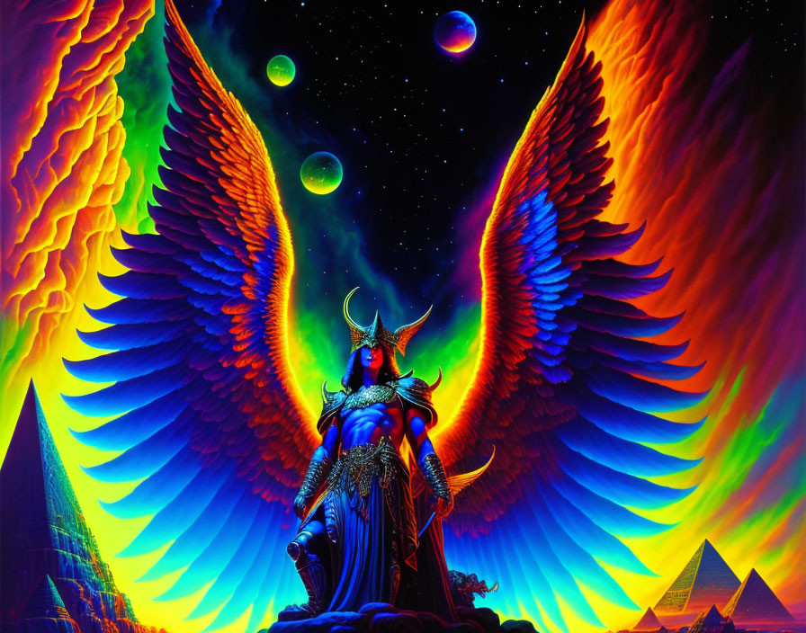 Winged figure on cosmic throne surrounded by pyramids and stars