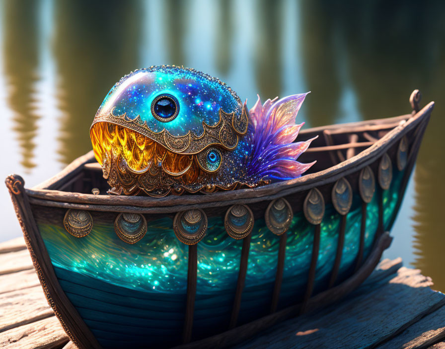 Colorful Fish Sculpture in Ornate Boat on Tranquil Water