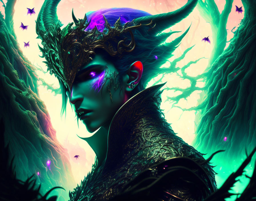 Character with horned headpiece and glowing purple eyes in ethereal forest with star-like creatures, teal