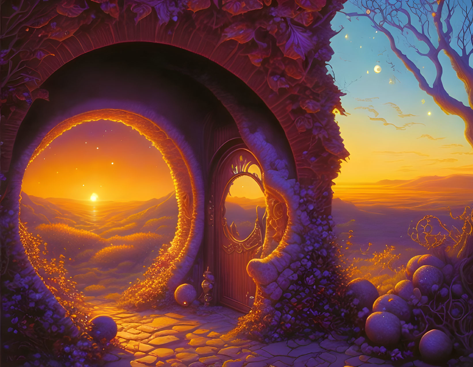 Illustration of round hobbit-style door in hill with sunset and night sky