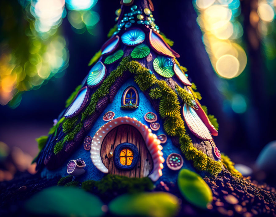 Colorful Fairy House in Bokeh-Lit Forest with Moss and Shells