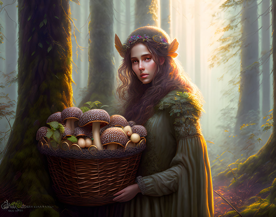 Mystical female figure with elfin ears in sunlit forest gathering mushrooms