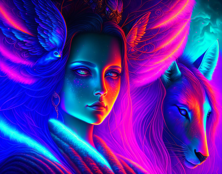 Colorful digital artwork: Woman, bird, neon lion in cosmic scene