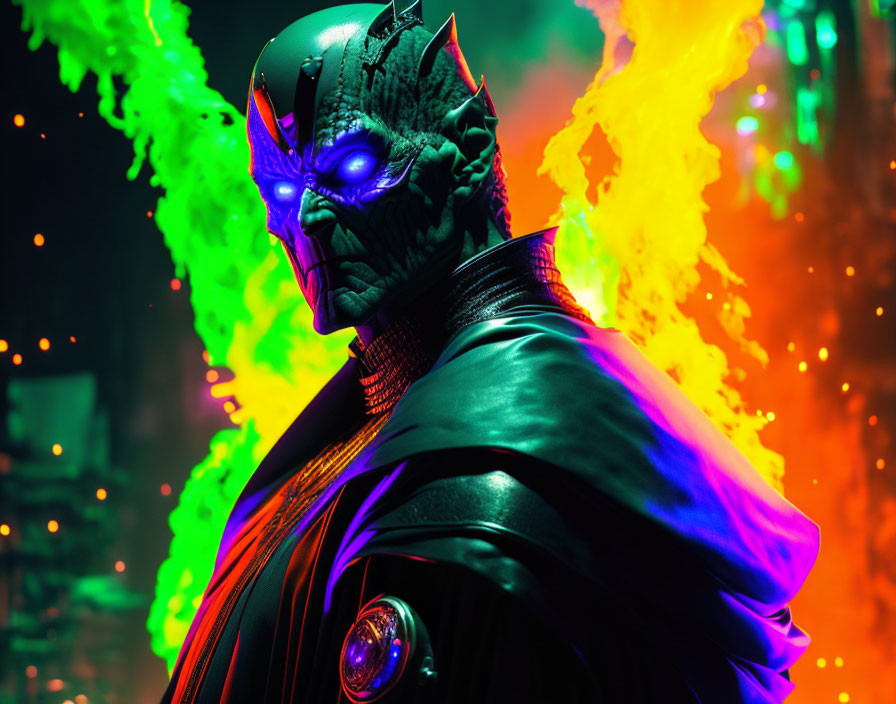 Horned character with purple eyes in black spiked costume near fiery backdrop