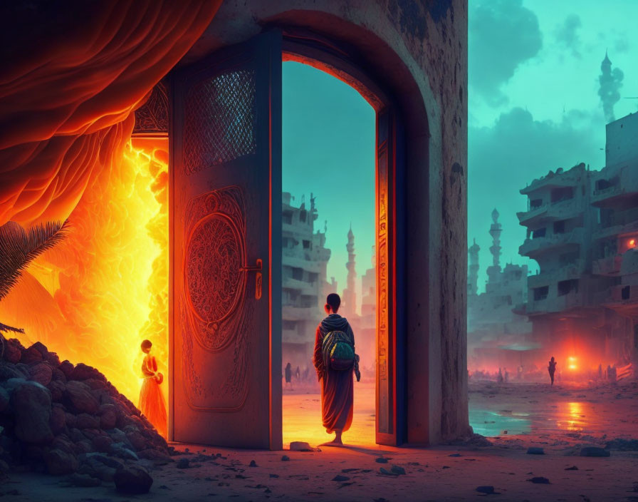 Mystical doorway with fiery patterns in surreal orange landscape