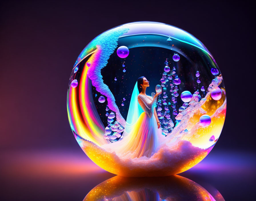 Woman in flowing dress in vibrant, fantastical bubble with marine life and trees on purple-orange gradient surface