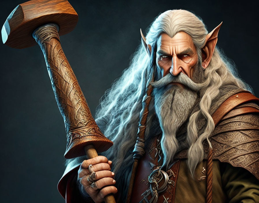 Elderly fantasy dwarf with white beard and hammer in leather armor